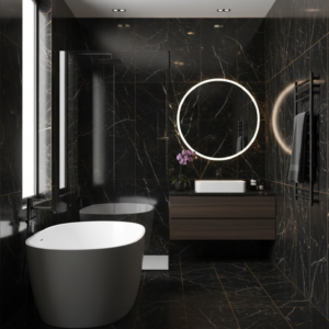 Bagno moderno con rivestimenti Marquina nero lucido, lavabo design e atmosfera elegante e sofisticata
