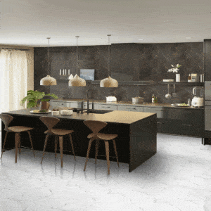 Cucina moderna con pavimento Alpine-Carrara effetto marmo bianco di Carrara e mobili scuri eleganti con isola in legno