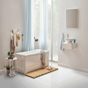 Bagno moderno con pavimento e rivestimento bianco lucido Glossy White, vasca freestanding e ambiente luminoso ed elegante