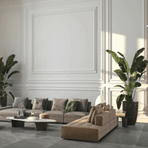 Ambiente moderno con pavimento effetto pietra grigio PULPIS-GREY-AMB, soggiorno elegante e contemporaneo