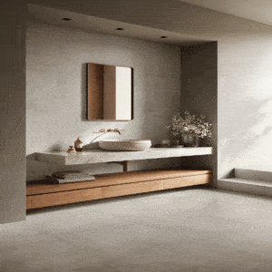 Bagno minimalista con pavimento e rivestimento Tex-Avorio effetto cemento avorio, mobile sospeso in legno e sanitari bianchi