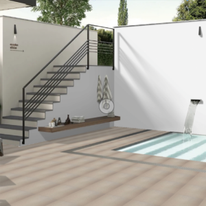 Terrazza con pavimento effetto legno grigio e bordo piscina - gres porcellanato Outdoor Grey per esterni Titolo