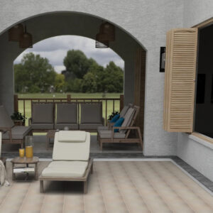 Terrazza con piscina e pavimento Tek Sand - gres porcellanato effetto legno teak sabbia per esterni luxury